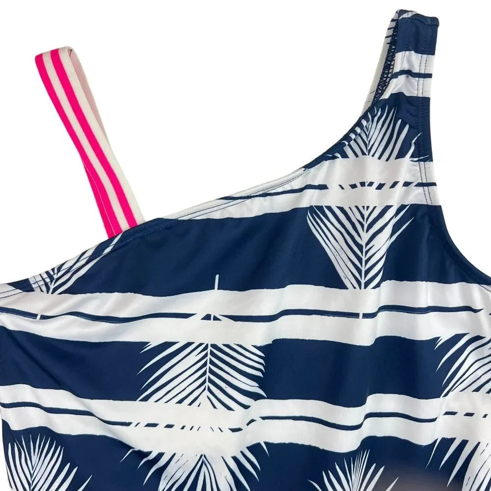 LANDS END Preppy Girls 1 Piece Navy Pink Palm Stripe Swim‎ Suit Size 12
